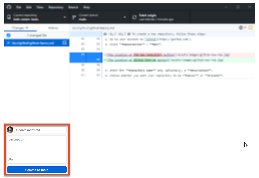 GitHub Desktop fields for describing your changes and the commit button