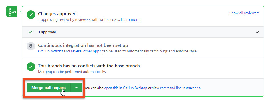 The Merge pull request button on GitHub