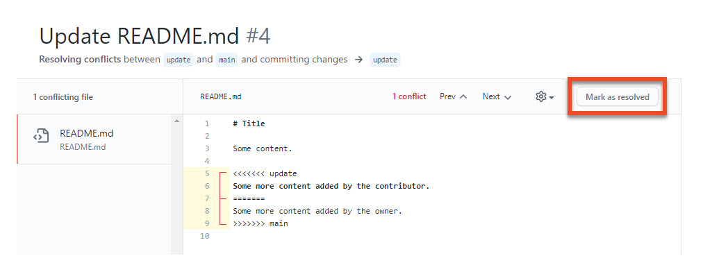The resolving conflicts view on GitHub
